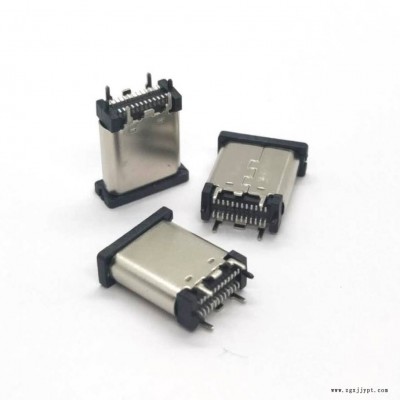 TYPE-C母座直立式smt三次成型不锈钢壳LCP黑色半金锡3u